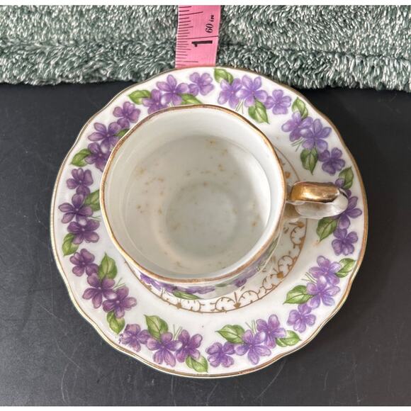 Vintage Inarco Japan Demitasse Cup And Saucer Set Violets Gold Accent - Picture 5 of 13
